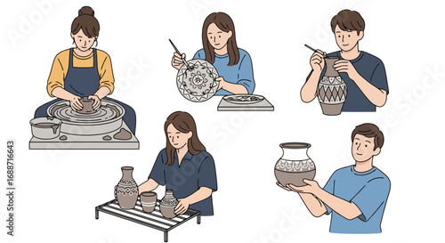 Diverse group of people engaging in pottery making, handcrafting ceramics and designing decorative patterns for creative hobby and artistic expression