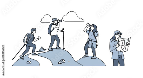 Group of people hiking in nature and enjoying outdoor activities such as photography and navigation for travel and adventure design