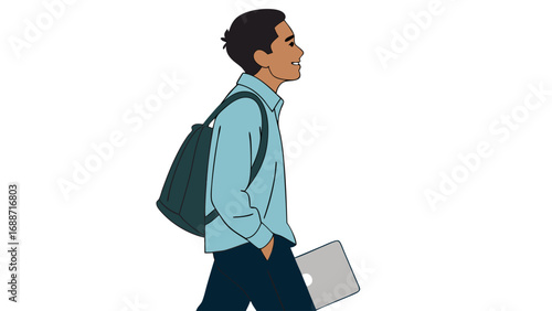 Smiling young person walking with laptop and backpack minimalist vector illustration.