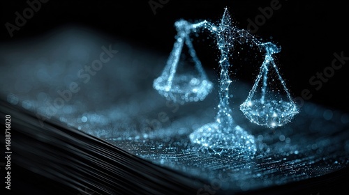 Legal scale hologram above virtual document folder symbolizes digital law system, fairness, structure, truth, ethics, compliance, legal records, accountability, governance, transparency