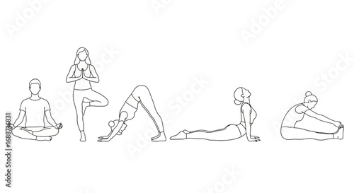 Set of yoga poses for relaxation and meditation practices, showcasing body flexibility and balance. Suitable for health and wellness content, fitness tutorials, or yoga studio promotions.