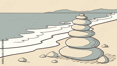 Stacked stones on beach ocean view zen balance meditation tranquility illustration graphic art design nature seaside coast shore wave water sand pebbles rock summer calm serenity peaceful minimalist .