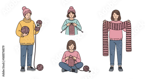 Woman knitting process illustration demonstrating the steps from yarn to finished sweater, perfect for tutorials and creative crafting projects