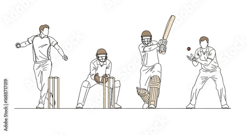 Cricket players in various action poses showcasing batting, bowling, fielding, and wicket-keeping skills. Ideal for illustrating sports articles, coaching manuals, or game strategies.