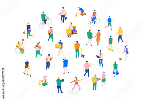 Isometric vector set of city people in daily urban activities: cycling, work, delivery, yoga, walking, shopping, pets, and outdoor fitness in modern lifestyle.