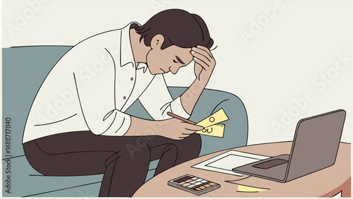 Stressed man working with documents and laptop at home.