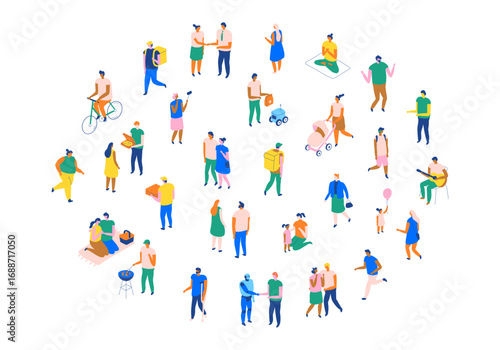 Isometric illustration of diverse city people in everyday activities: walking, cycling, delivery, family time, yoga, and communication. Flat urban lifestyle design.