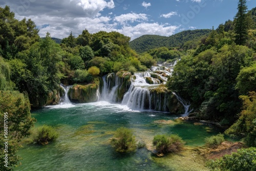 Lush waterfalls cascade into a tranquil emerald pool, surrounded by dense greenery and hills