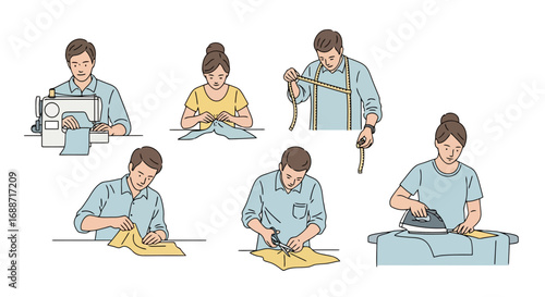 Diverse illustrations portraying the various stages of garment creation and tailoring,ideal for demonstrating design, sewing techniques, and handcrafted fashion processes