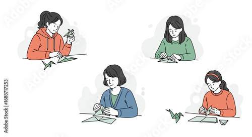 Group of young women participating in an origami crafting activity, ideal for demonstrating creative hobbies, group arts and crafts, and educational projects