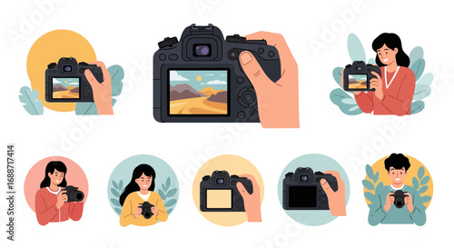 Handheld camera device and people enjoying taking pictures. Suitable for illustrating photography courses, travel blogs, or visual content creation guides