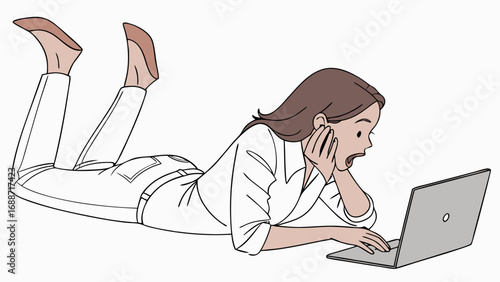 Surprised Woman Using Laptop Illustration Flat Design Digital Art.