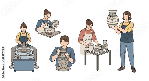 Illustrated sequence of a potter crafting a decorative vase, showcasing the process from wheel throwing to final design, ideal for creative arts instruction or pottery class promotion