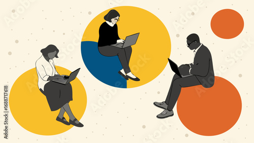 Three Diverse Individuals Working Remotely on Laptops Modern Abstract Illustration.