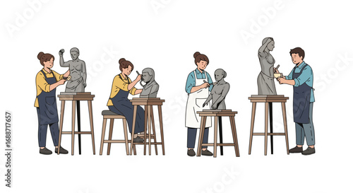 Illustrative depiction of artists sculpting figures, showcasing the creative process and dedication to art, suitable for educational content and artistic promotion