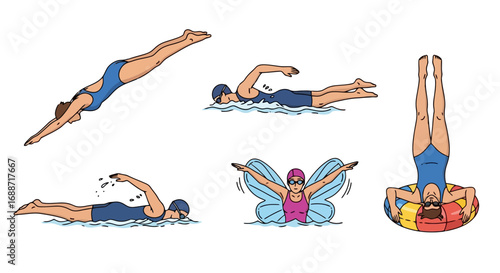 Illustrated swimming techniques and water activities showcasing various strokes and floatation aids for instructional materials and fitness resources