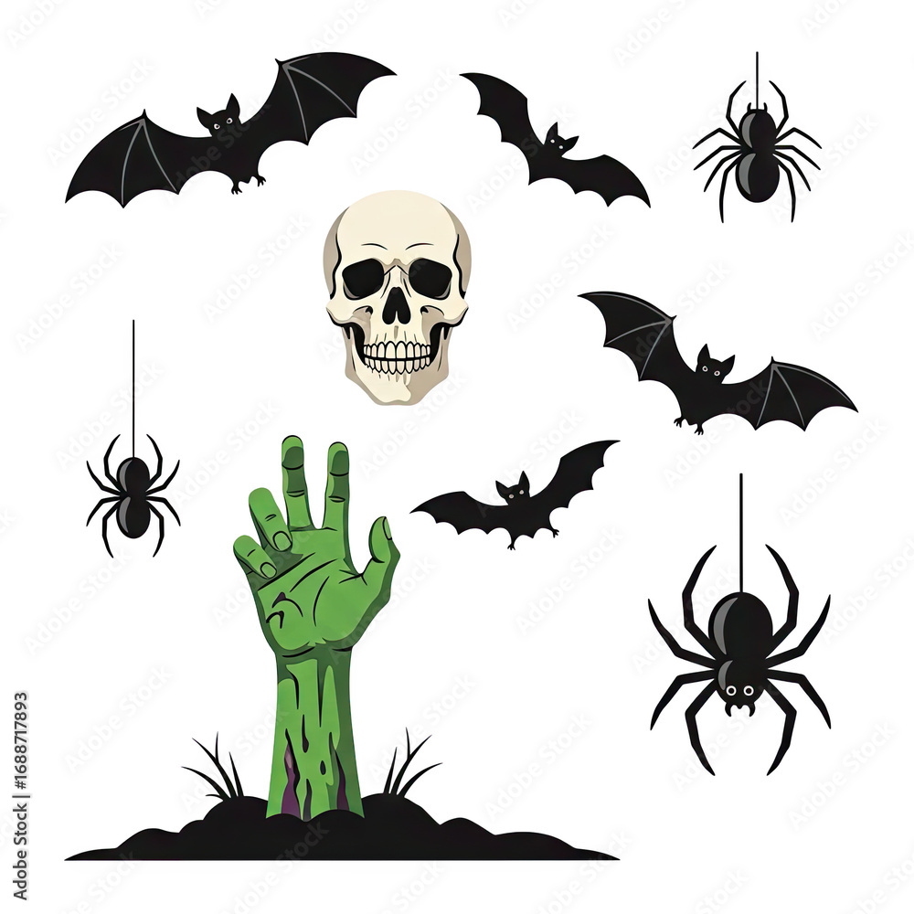Fototapeta premium Spooky halloween illustration of a green zombie hand and skull with bats and spider isolated on transparent background