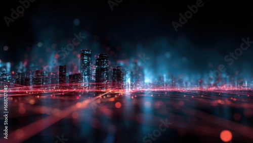 Futuristic city skyline, digital network, vibrant lights