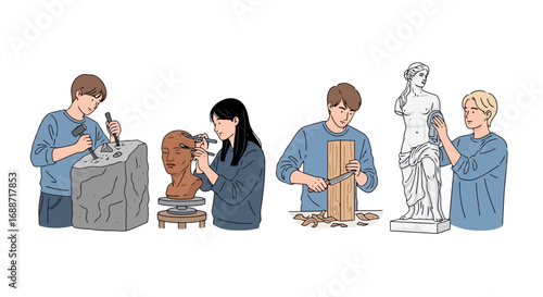 Illustrative depiction of sculptors creating art from stone, clay, wood, and marble, suitable for educational resources and artistic project promotion