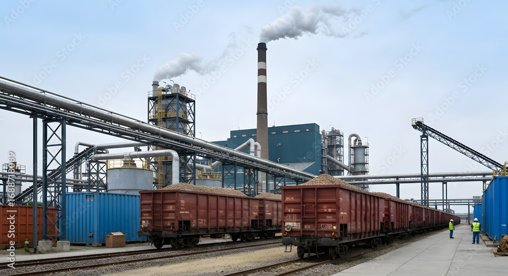 Naklejka premium A factory scene with large industrial buildings, smoke stacks, and cargo trains. The environment reflects biotechnology and biomass efficiency in production.