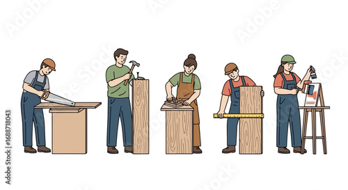 Diverse set of carpenters working on wooden projects, showcasing craftsmanship and skill for DIY projects, woodworking tutorials, and construction industry visuals