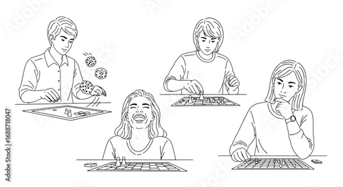 Line Art Depiction of People Playing Board Games, Emphasizing Focus and Engagement for Illustrative Purposes in Educational Materials and Leisure Activity Designs