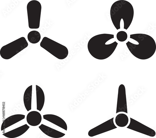 Set of Black Fan and Propeller Silhouettes on White Background – Vector Icons Collection 