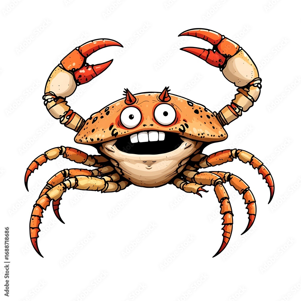 Fototapeta premium Illustration of a cartoon crab with a wide smile and raised claws, isolated on a white background