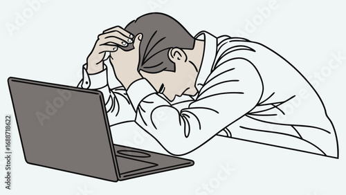 Tired businessman slumped over laptop stress burnout fatigue illustration.