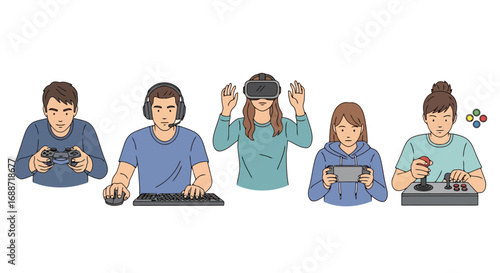 Diverse group of people engaging in various gaming activities, from console to virtual reality, showcasing a range of entertainment options for digital lifestyle concepts