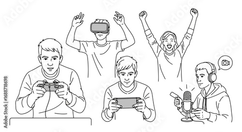 Line art illustration showcasing various gamers engaged in different gaming activities for esports, streaming, and virtual reality concepts.