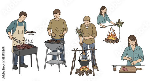 Diverse group engaging in outdoor cooking activities, including grilling, roasting, and preparing food over an open fire for lifestyle and food illustrations.