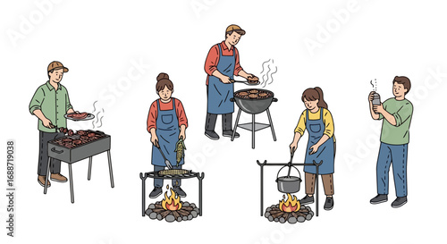 Diverse group cooking outdoor meals using various methods, including grilling, open fire, and barbecue, perfect for depicting outdoor cooking events