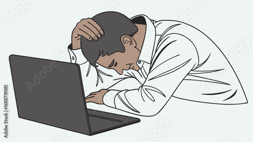 Tired person working on laptop exhausted stress burnout digital fatigue overwork deadline pressure problem solution tired sleep deprivation mental health depression anxiety illustration graphic desig.