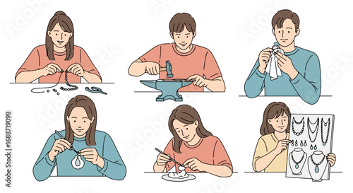 Step-by-step jewelry making process illustration showcasing various stages from crafting to display, suitable for DIY guides and craft tutorials