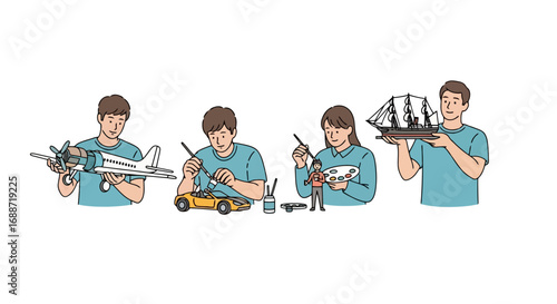 Diverse group of people engaged in model building activities, ideal for illustrating hobbies, crafting, and recreational activities for enthusiasts