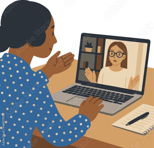 Two women are having a remote meeting in front of their laptops.