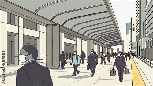 Vector illustration of people wearing face masks walking in a city during pandemic.