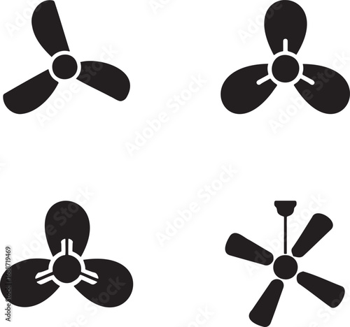Set of Black Fan and Propeller Silhouettes on White Background – Vector Icons Collection 