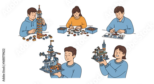 Group of people enjoying a creative pastime of building with toy construction blocks, ideal for illustrating family time, hobby, or educational activities