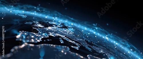 Global network, Europe-centered. Abstract digital representation of the European continent with glowing, interconnected points, suggesting a global network or digital connection