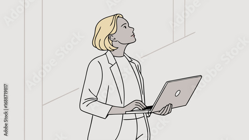 Woman with laptop looking up thinking planning modern business illustration minimalist design vector art.