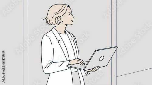Woman using laptop computer minimalist illustration modern design office worker business person technology professional digital online working employee female portrait side view simple clean graphic .