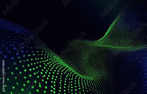 Abstract digital wave of glowing dots in shades of green and blue on a dark background