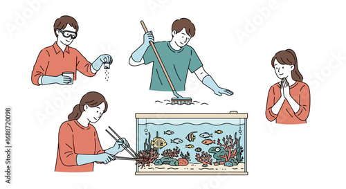 Illustration showcasing the process of cleaning and maintaining a freshwater aquarium, suitable for educational materials, pet care guides, or hobby-related content.