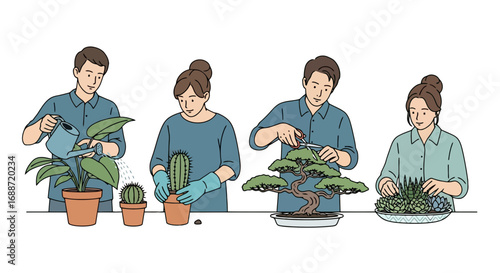 People engaging in diverse gardening activities, including watering, planting, trimming, and arranging plants for indoor decoration or horticultural education.
