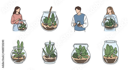 Collection of terrarium illustrations featuring people tending to miniature gardens in glass containers. Ideal for eco-conscious design projects and educational materials.