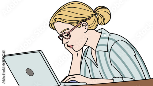 Woman working on laptop tired pensive expression illustration graphic design digital art.