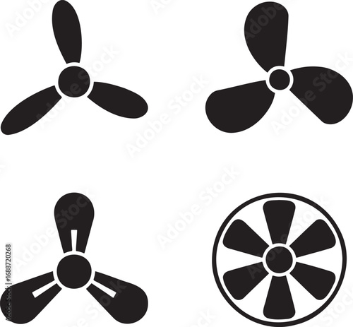 Set of Black Fan and Propeller Silhouettes on White Background – Vector Icons Collection 