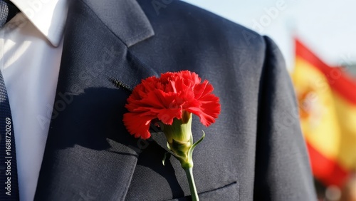 Person in formal attire with a red carnation pinned to the lapel, Spanish flag in background